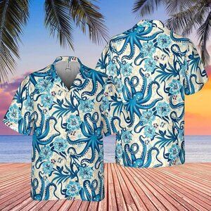 Octopus Blue Hawaiian Shirt, Ocean Aloha Shirt, Beach Shirt, Aloha Tropical